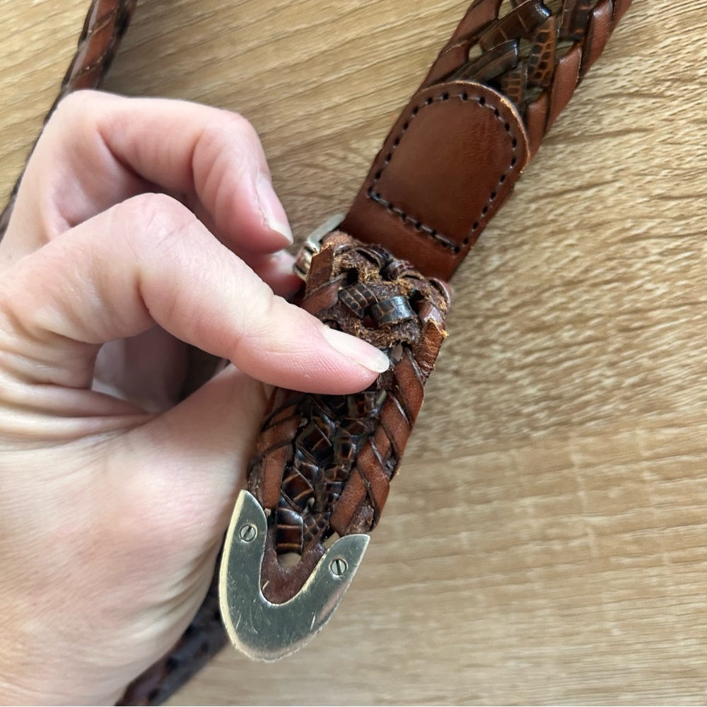 Vintage Woven vertebrae silver brass women’s Brown real Leather Belt L - Picture 11 of 11